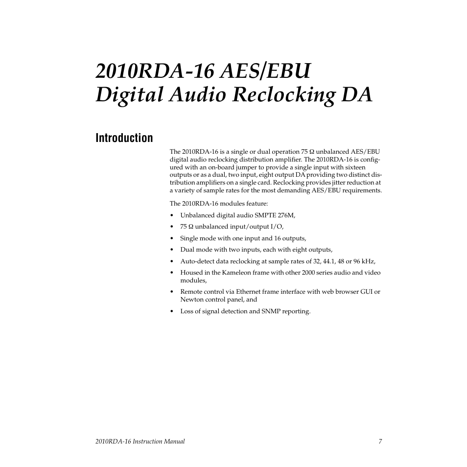 2010rda-16 aes/ebu digital audio reclocking da, Introduction | Grass Valley 2010RDA-16 User Manual | Page 7 / 28