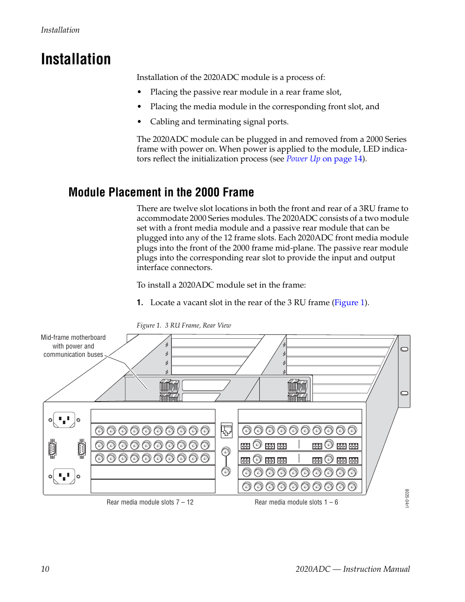 Installation, Module placement in the 2000 frame | Grass Valley 2020ADC A-To-D User Manual | Page 10 / 32