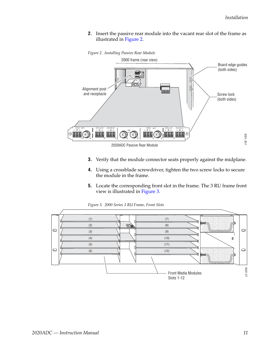 Figure 2. installing passive rear module, 2000 frame (rear view), Board edge guides (both sides) | Front media modules slots 1-12 | Grass Valley 2020ADC A-To-D User Manual | Page 11 / 32