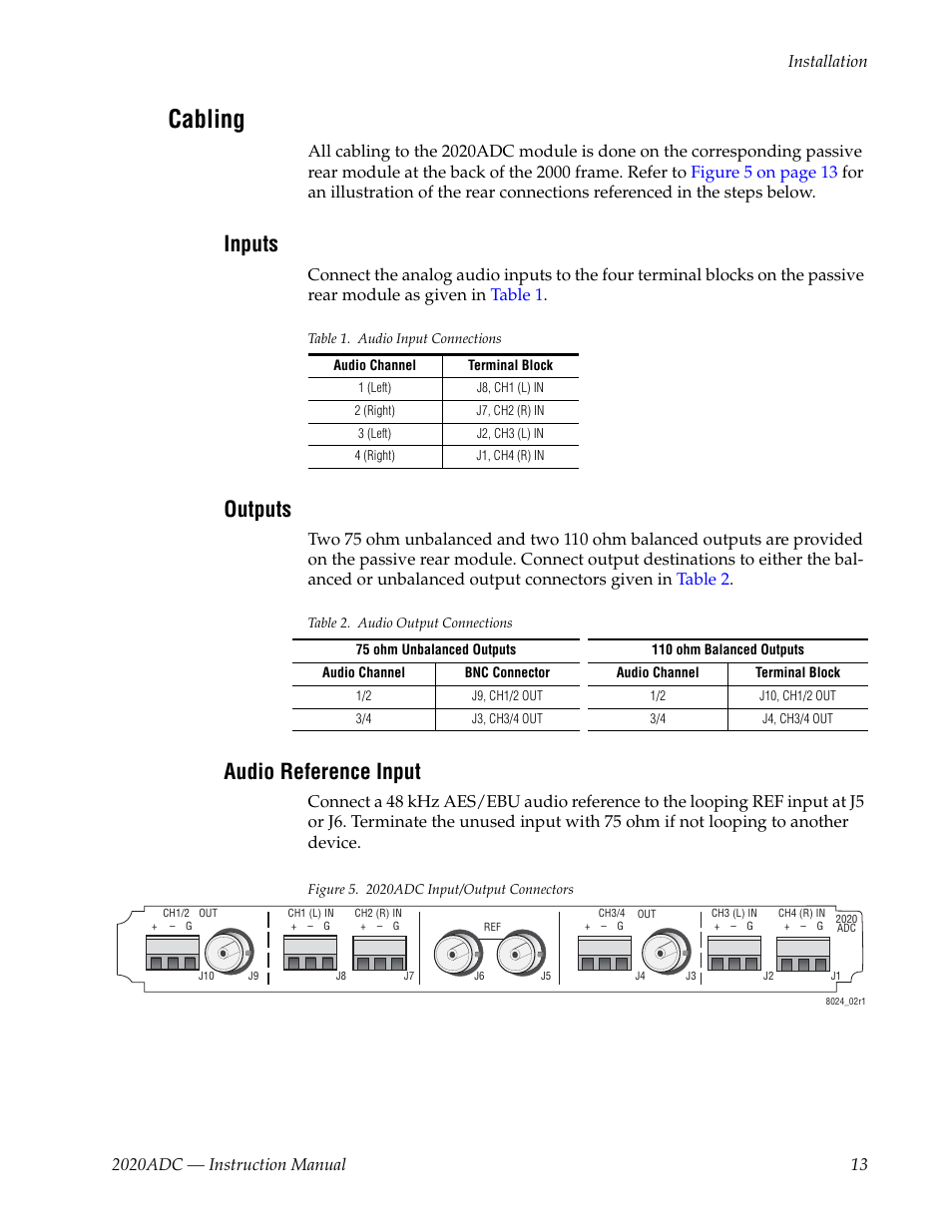 Cabling, Inputs, Outputs | Audio reference input | Grass Valley 2020ADC A-To-D User Manual | Page 13 / 32