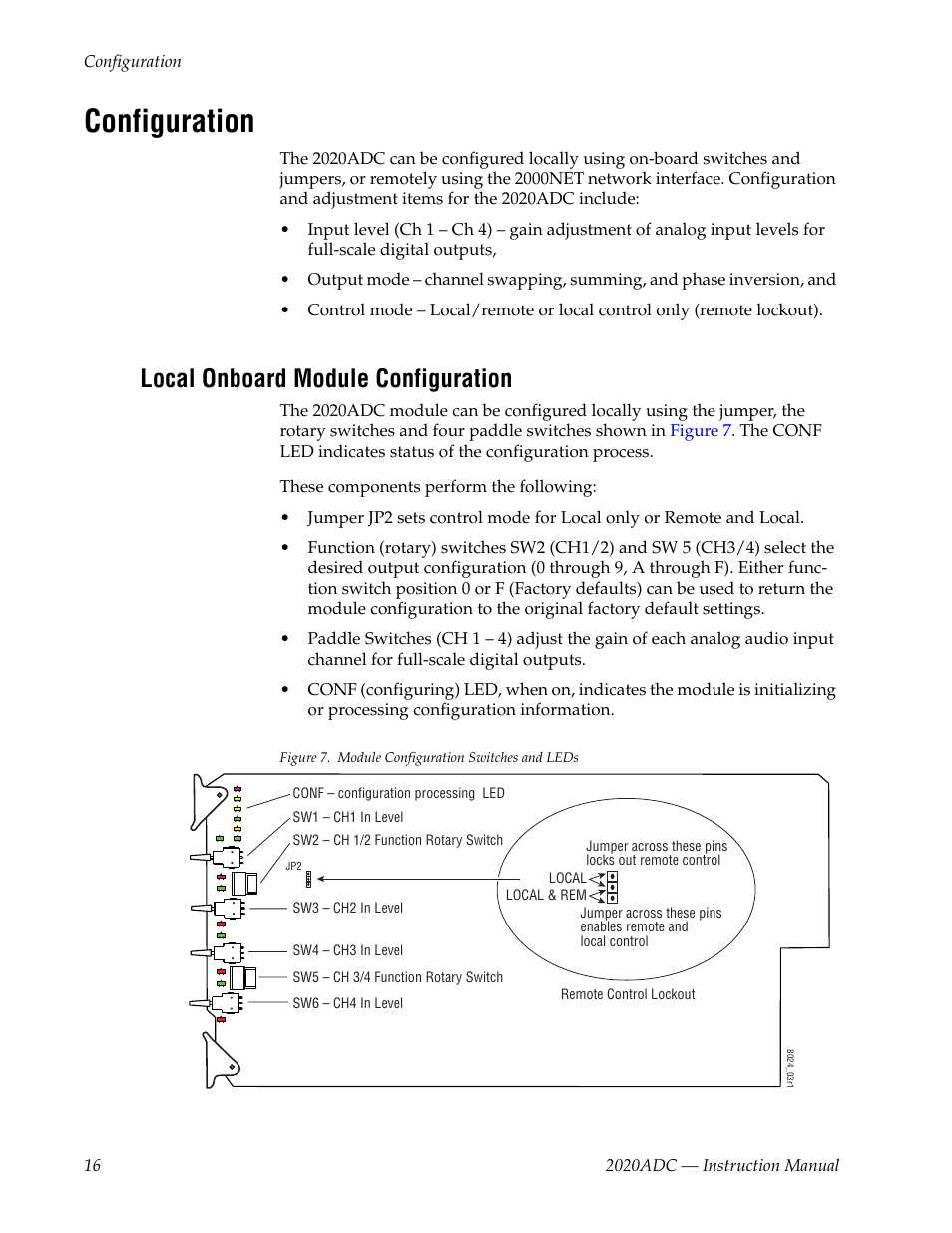 Configuration, Local onboard module configuration | Grass Valley 2020ADC A-To-D User Manual | Page 16 / 32