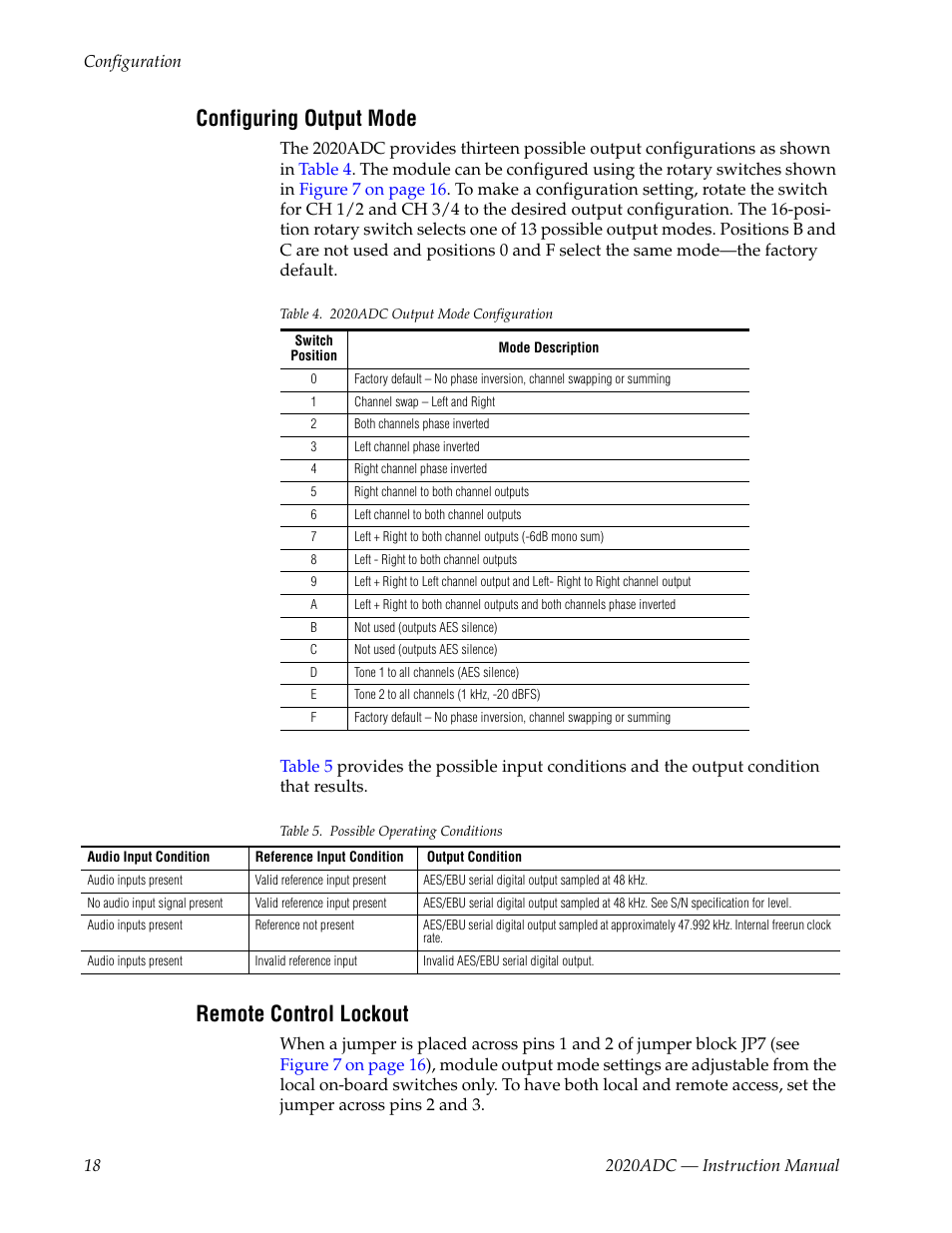 Configuring output mode, Remote control lockout | Grass Valley 2020ADC A-To-D User Manual | Page 18 / 32