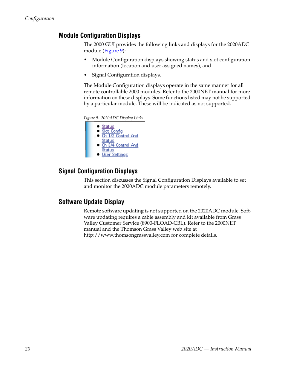 Module configuration displays, Signal configuration displays, Software update display | Grass Valley 2020ADC A-To-D User Manual | Page 20 / 32