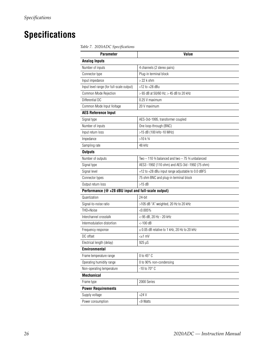 Specifications | Grass Valley 2020ADC A-To-D User Manual | Page 26 / 32