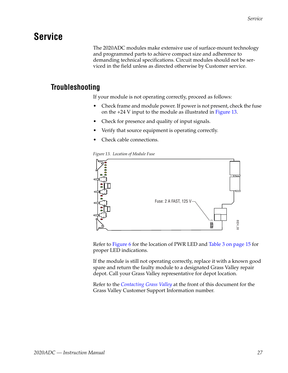 Service, Troubleshooting | Grass Valley 2020ADC A-To-D User Manual | Page 27 / 32
