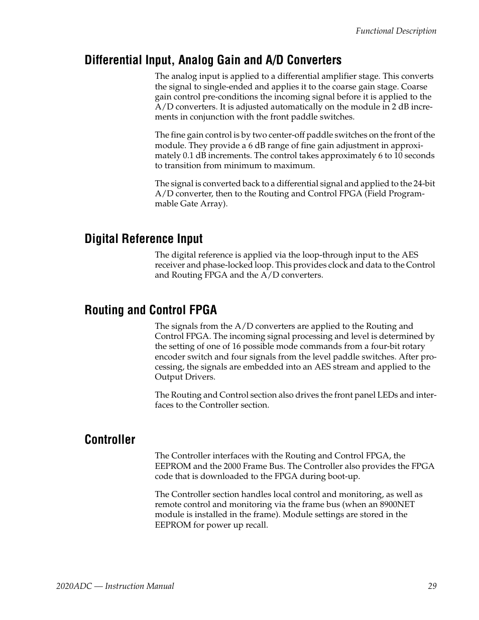 Differential input, analog gain and a/d converters, Digital reference input, Routing and control fpga | Controller | Grass Valley 2020ADC A-To-D User Manual | Page 29 / 32