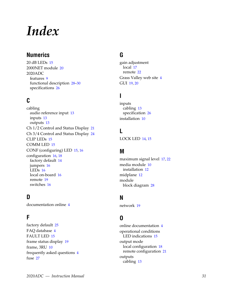 Index, Numerics | Grass Valley 2020ADC A-To-D User Manual | Page 31 / 32