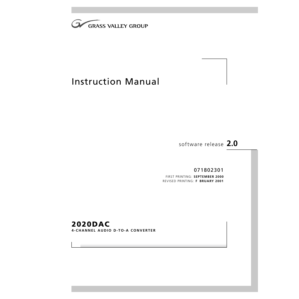 Grass Valley 2020DAC D-To-A User Manual | 30 pages