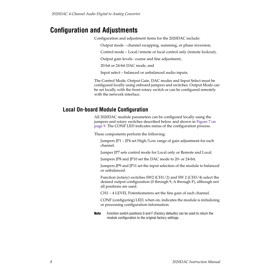 Configuration and adjustments, Local on-board module configuration | Grass Valley 2020DAC D-To-A User Manual | Page 14 / 30