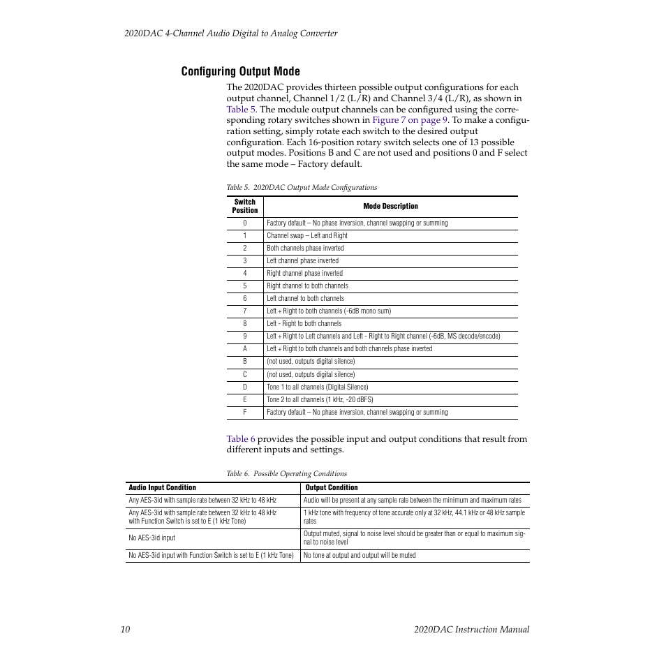 Configuring output mode | Grass Valley 2020DAC D-To-A User Manual | Page 16 / 30