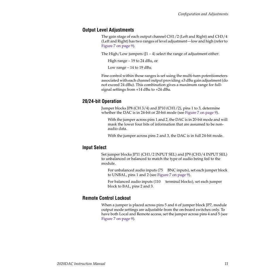 Output level adjustments, 20/24-bit operation, Input select | Remote control lockout | Grass Valley 2020DAC D-To-A User Manual | Page 17 / 30