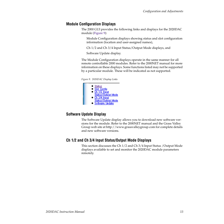 Module configuration displays, Software update display | Grass Valley 2020DAC D-To-A User Manual | Page 19 / 30