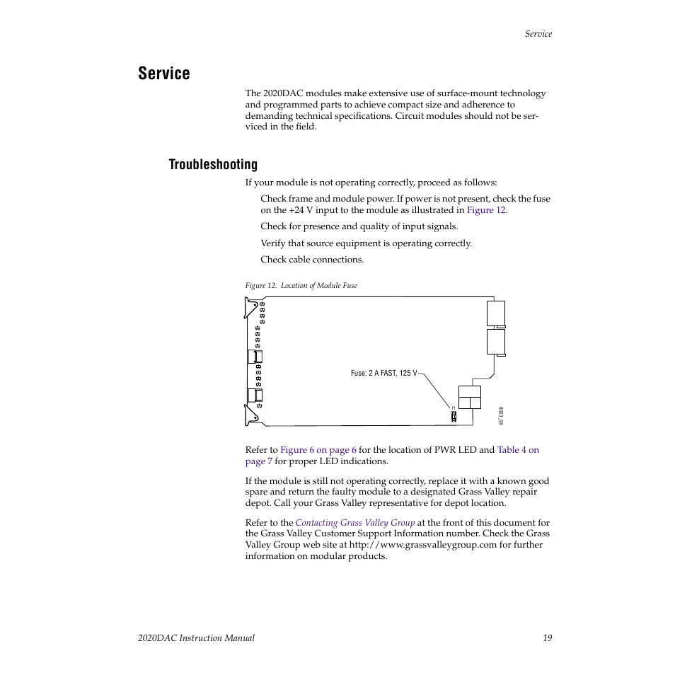 Service, Troubleshooting | Grass Valley 2020DAC D-To-A User Manual | Page 25 / 30