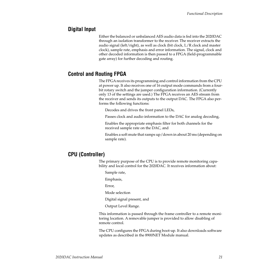 Digital input, Control and routing fpga, Cpu (controller) | Grass Valley 2020DAC D-To-A User Manual | Page 27 / 30