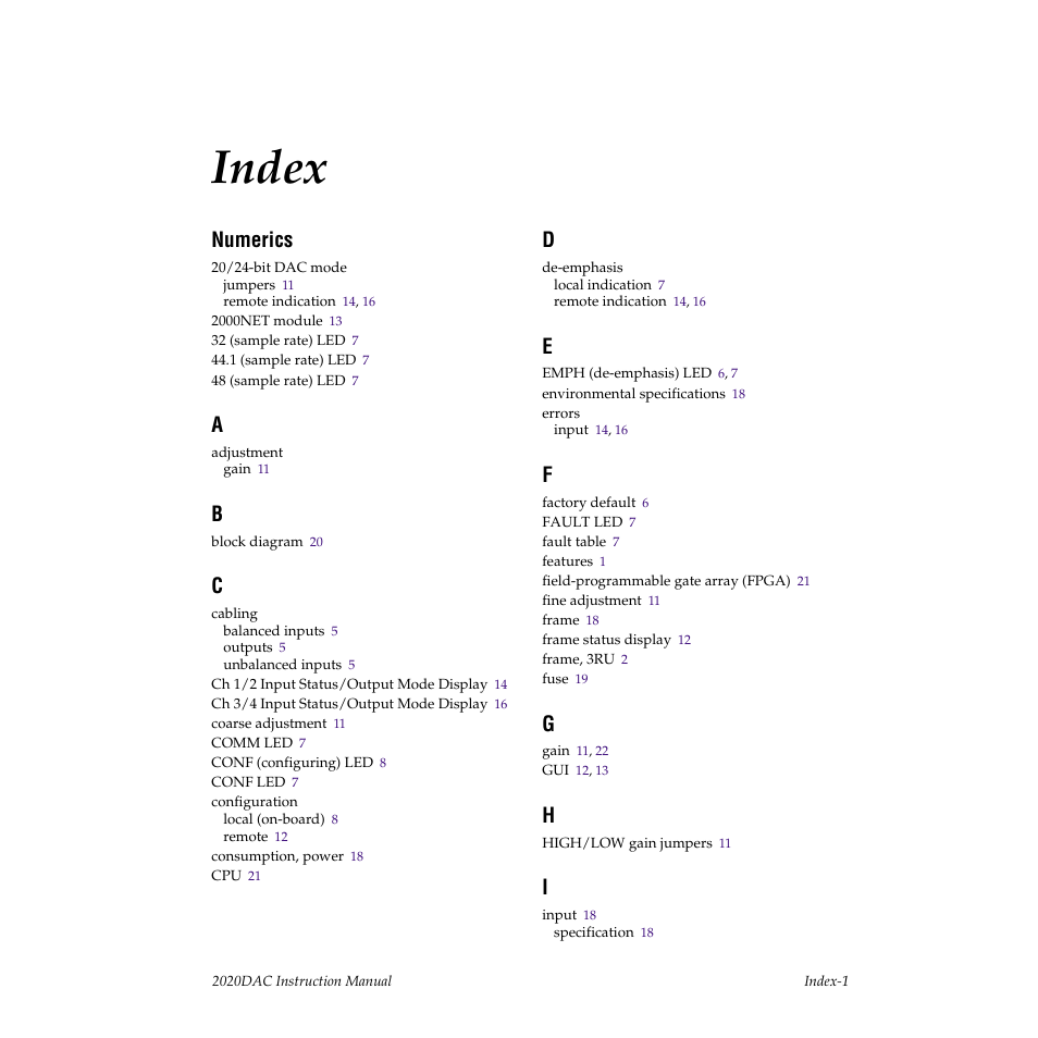 Index, Numerics | Grass Valley 2020DAC D-To-A User Manual | Page 29 / 30