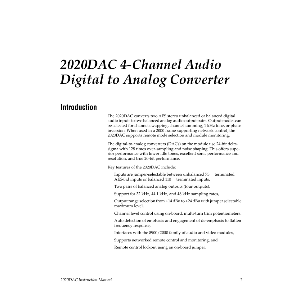 Introduction | Grass Valley 2020DAC D-To-A User Manual | Page 7 / 30