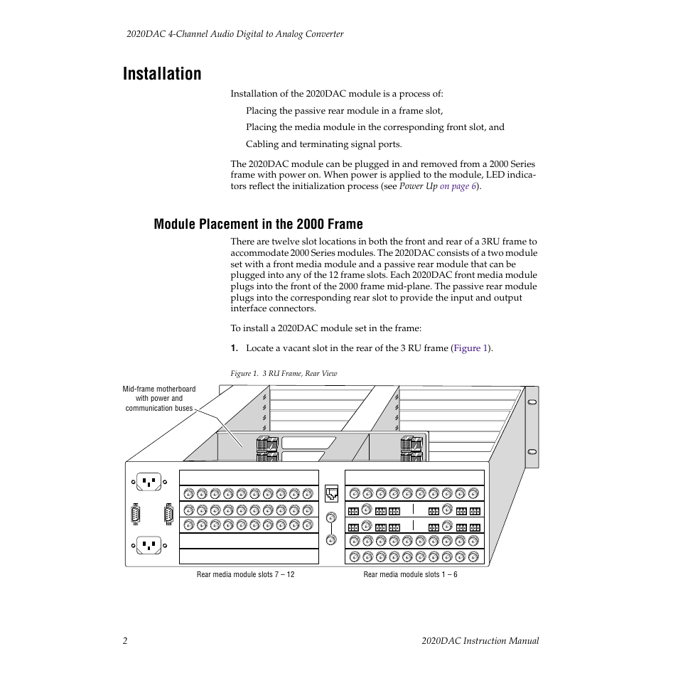 Installation, Module placement in the 2000 frame | Grass Valley 2020DAC D-To-A User Manual | Page 8 / 30