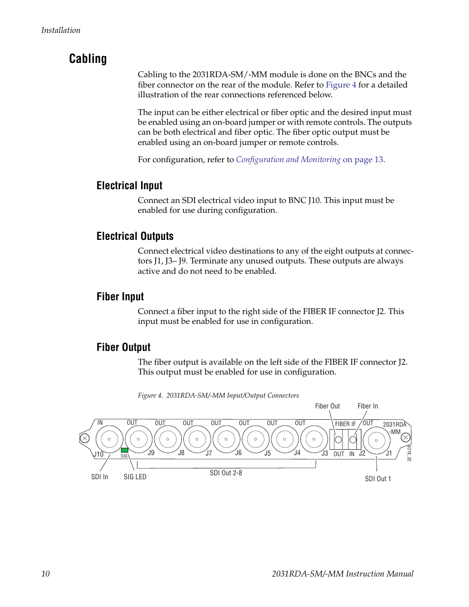 Cabling, Electrical input, Electrical outputs | Fiber input, Fiber output | Grass Valley 2031RDA-MM User Manual | Page 10 / 38