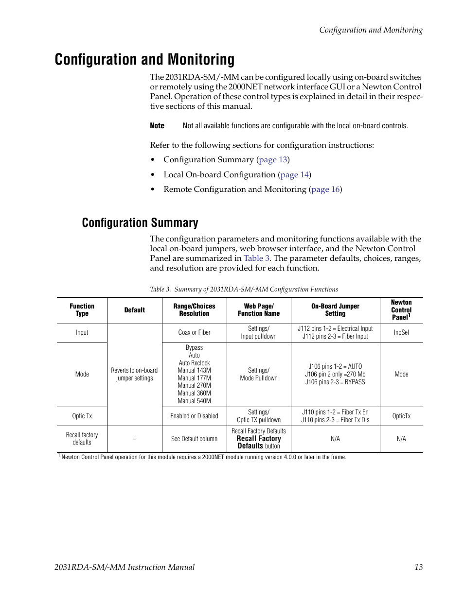 Configuration and monitoring, Configuration summary, Efer to | Grass Valley 2031RDA-MM User Manual | Page 13 / 38