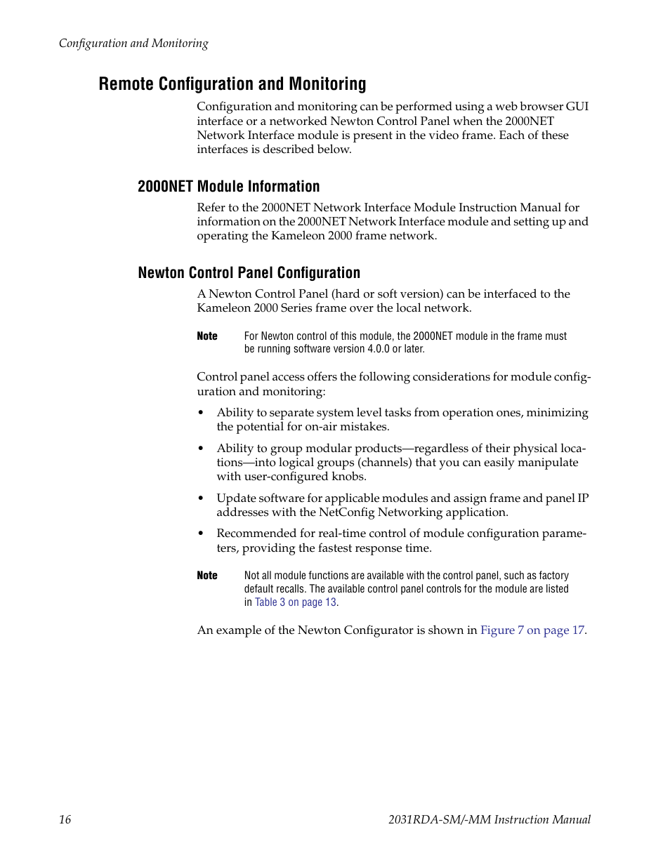 Remote configuration and monitoring, 2000net module information, Newton control panel configuration | Grass Valley 2031RDA-MM User Manual | Page 16 / 38