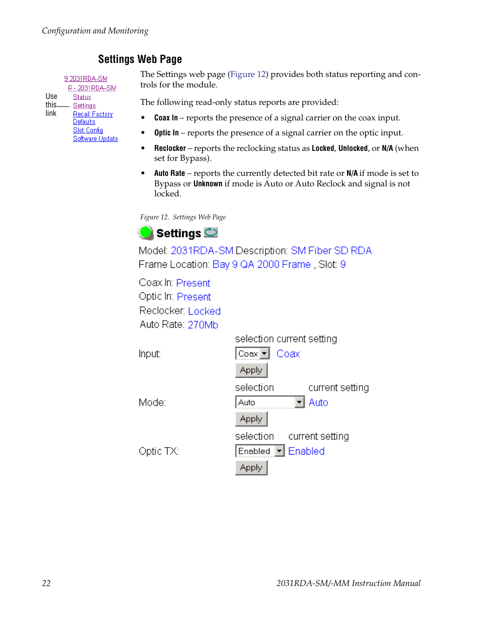 Settings web page | Grass Valley 2031RDA-MM User Manual | Page 22 / 38