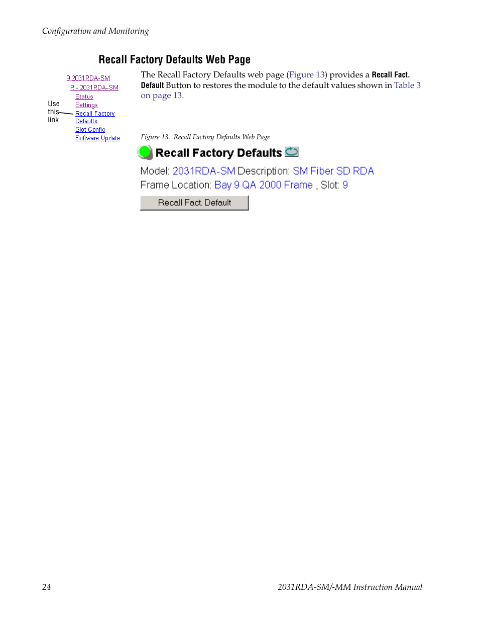 Ecall of factory defaults | Grass Valley 2031RDA-MM User Manual | Page 24 / 38