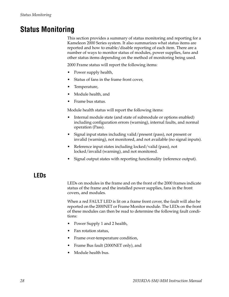Status monitoring, Leds | Grass Valley 2031RDA-MM User Manual | Page 28 / 38