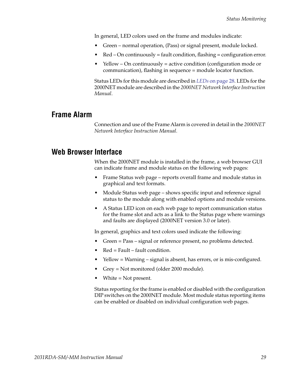 Frame alarm, Web browser interface | Grass Valley 2031RDA-MM User Manual | Page 29 / 38