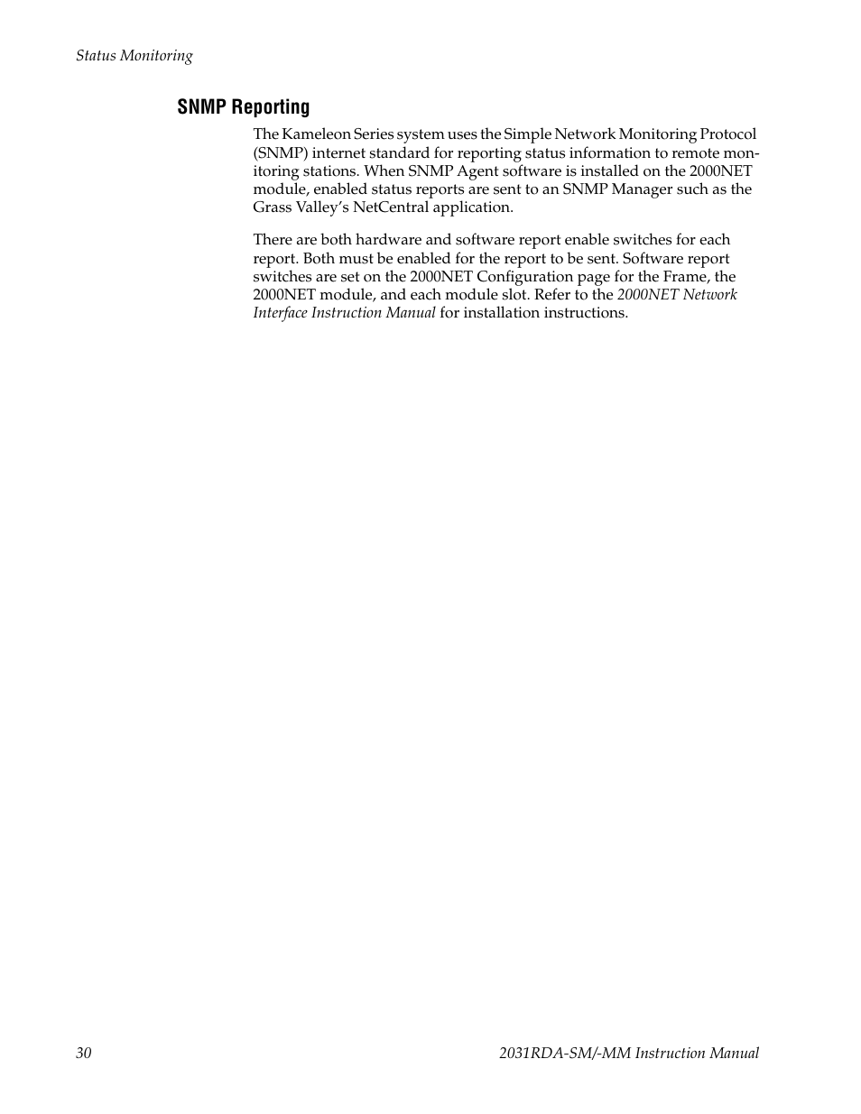Snmp reporting | Grass Valley 2031RDA-MM User Manual | Page 30 / 38
