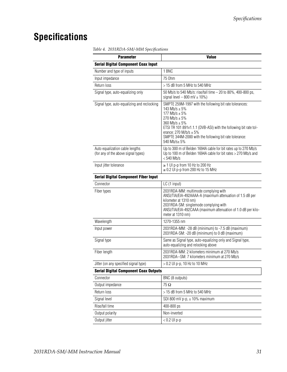 Specifications | Grass Valley 2031RDA-MM User Manual | Page 31 / 38
