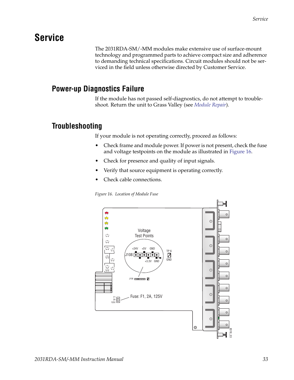 Service, Power-up diagnostics failure, Troubleshooting | Grass Valley 2031RDA-MM User Manual | Page 33 / 38