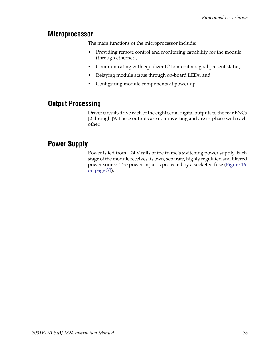 Microprocessor, Output processing, Power supply | Grass Valley 2031RDA-MM User Manual | Page 35 / 38