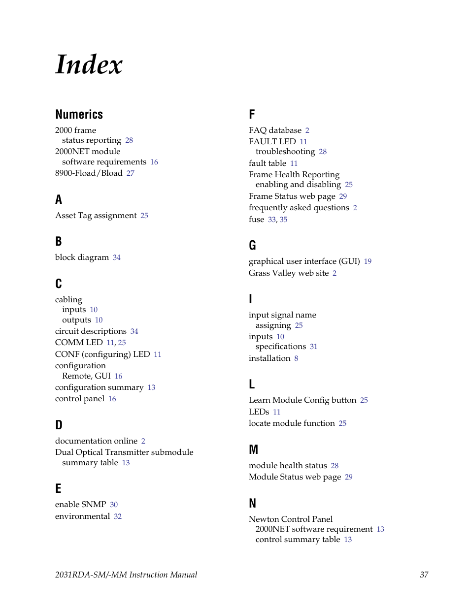 Index, Numerics | Grass Valley 2031RDA-MM User Manual | Page 37 / 38