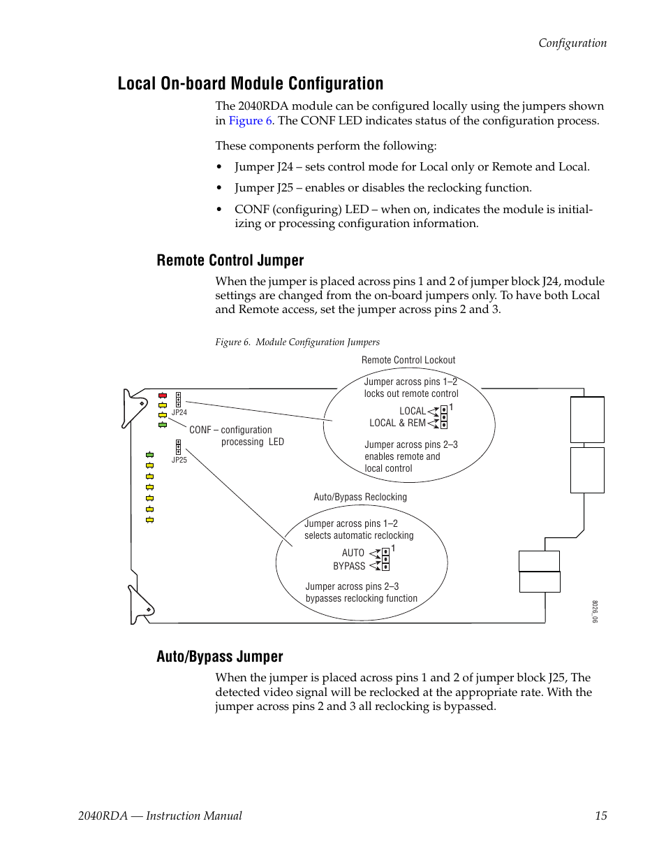 Local on-board module configuration, Remote control jumper, Auto/bypass jumper | Grass Valley 2040RDA User Manual | Page 15 / 24