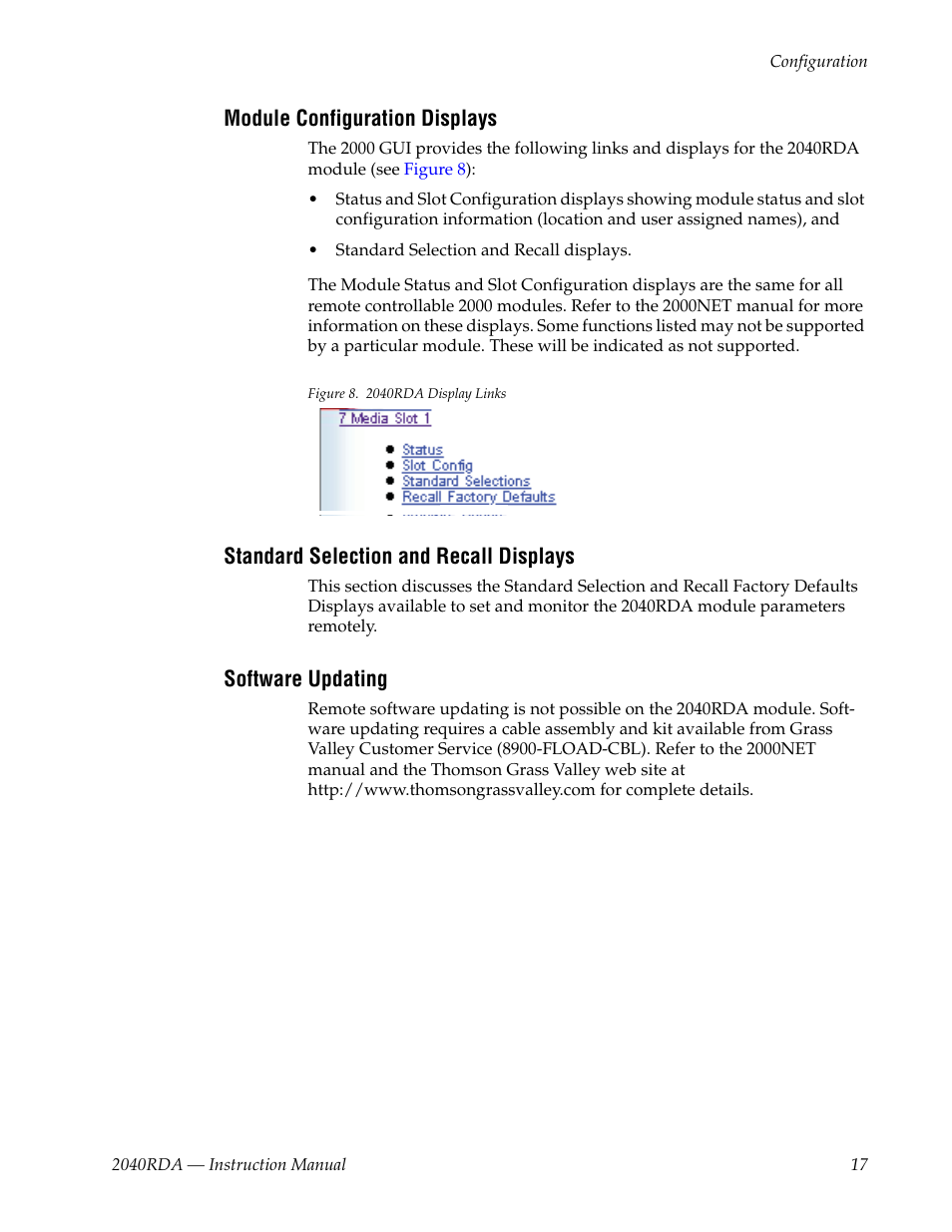 Module configuration displays, Standard selection and recall displays, Software updating | Grass Valley 2040RDA User Manual | Page 17 / 24