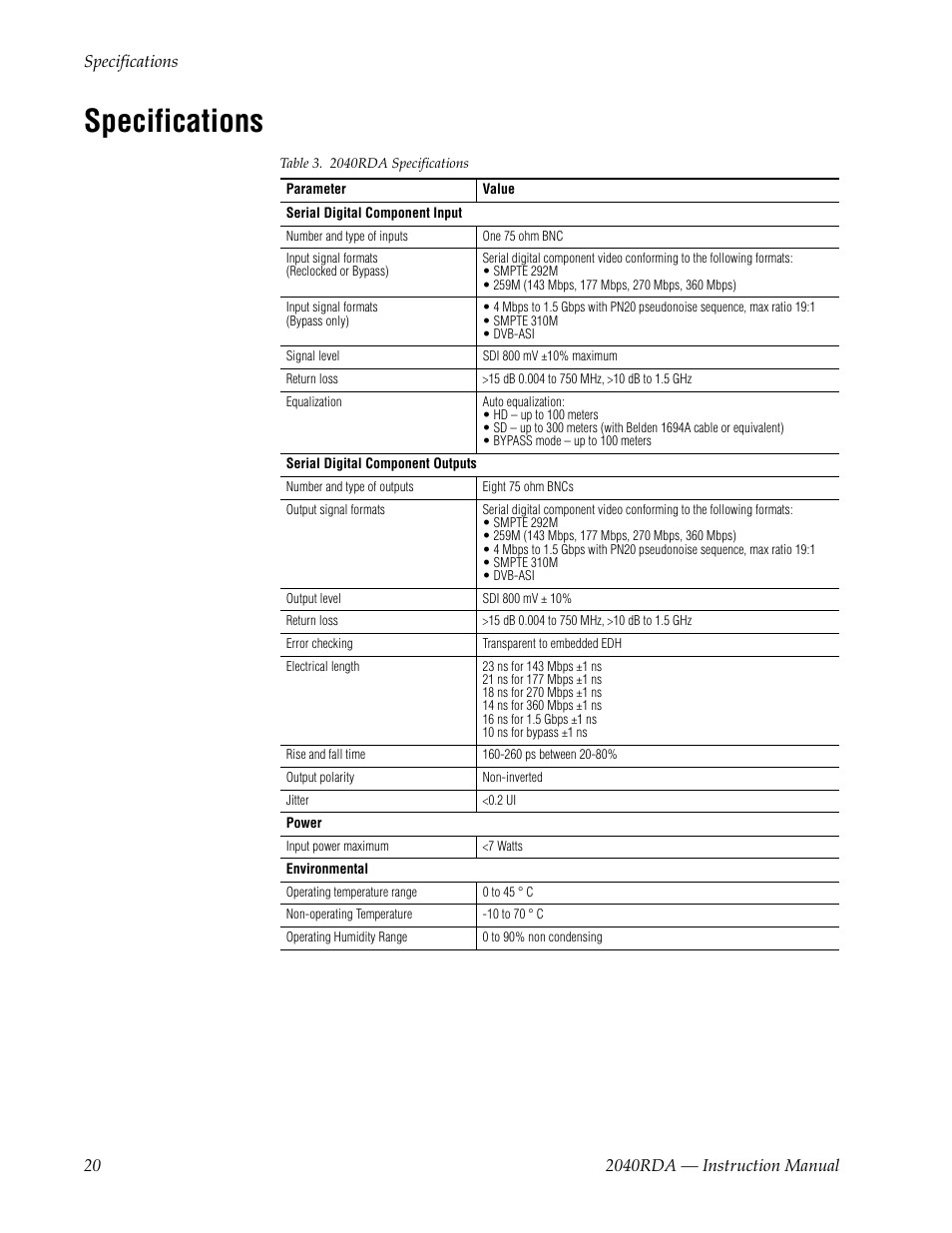 Specifications | Grass Valley 2040RDA User Manual | Page 20 / 24