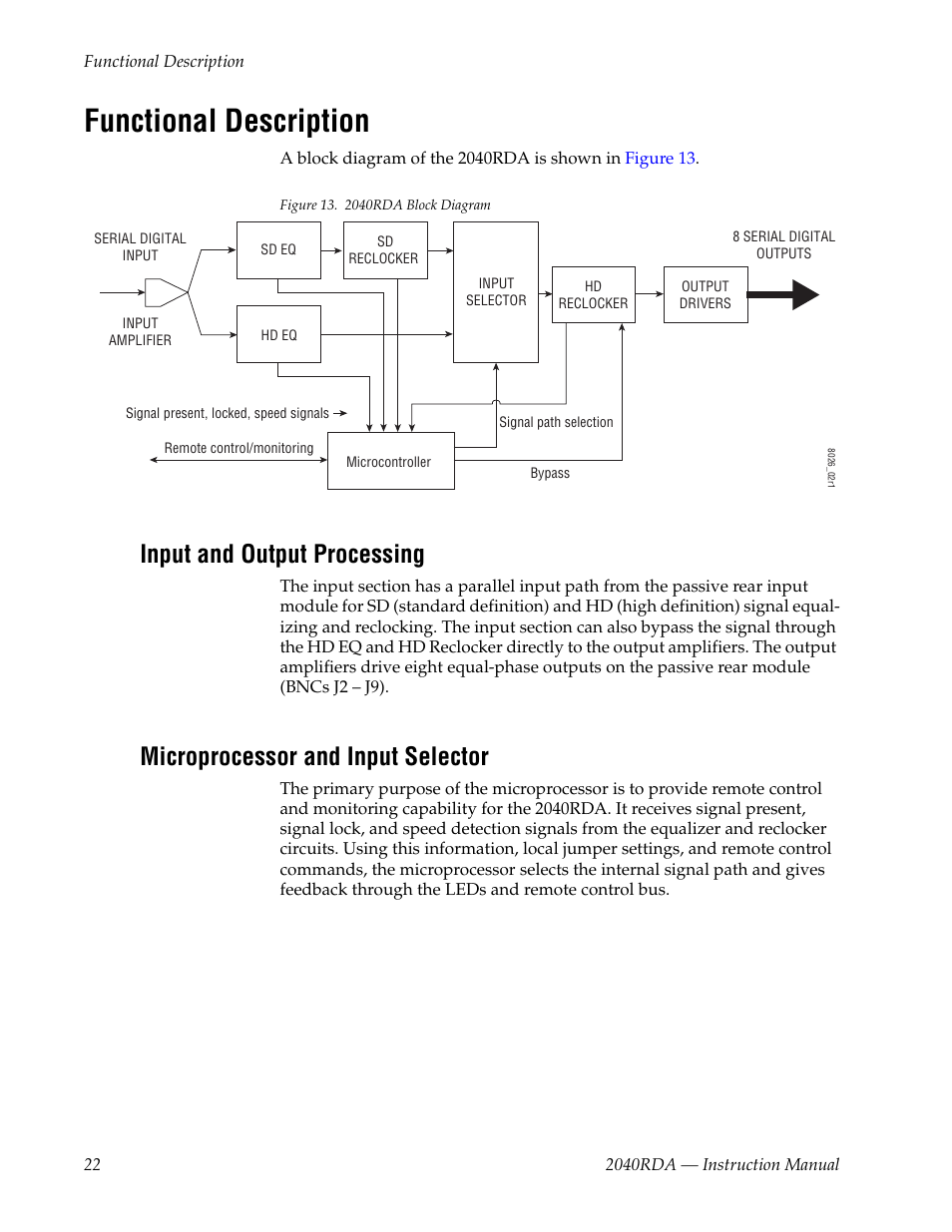 Functional description, Input and output processing, Microprocessor and input selector | Grass Valley 2040RDA User Manual | Page 22 / 24