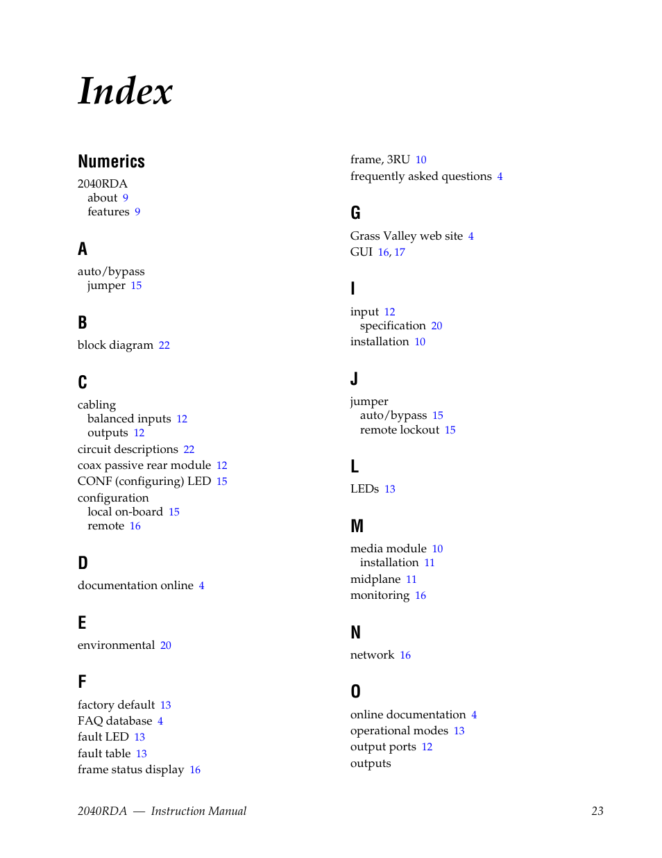Index, Numerics | Grass Valley 2040RDA User Manual | Page 23 / 24