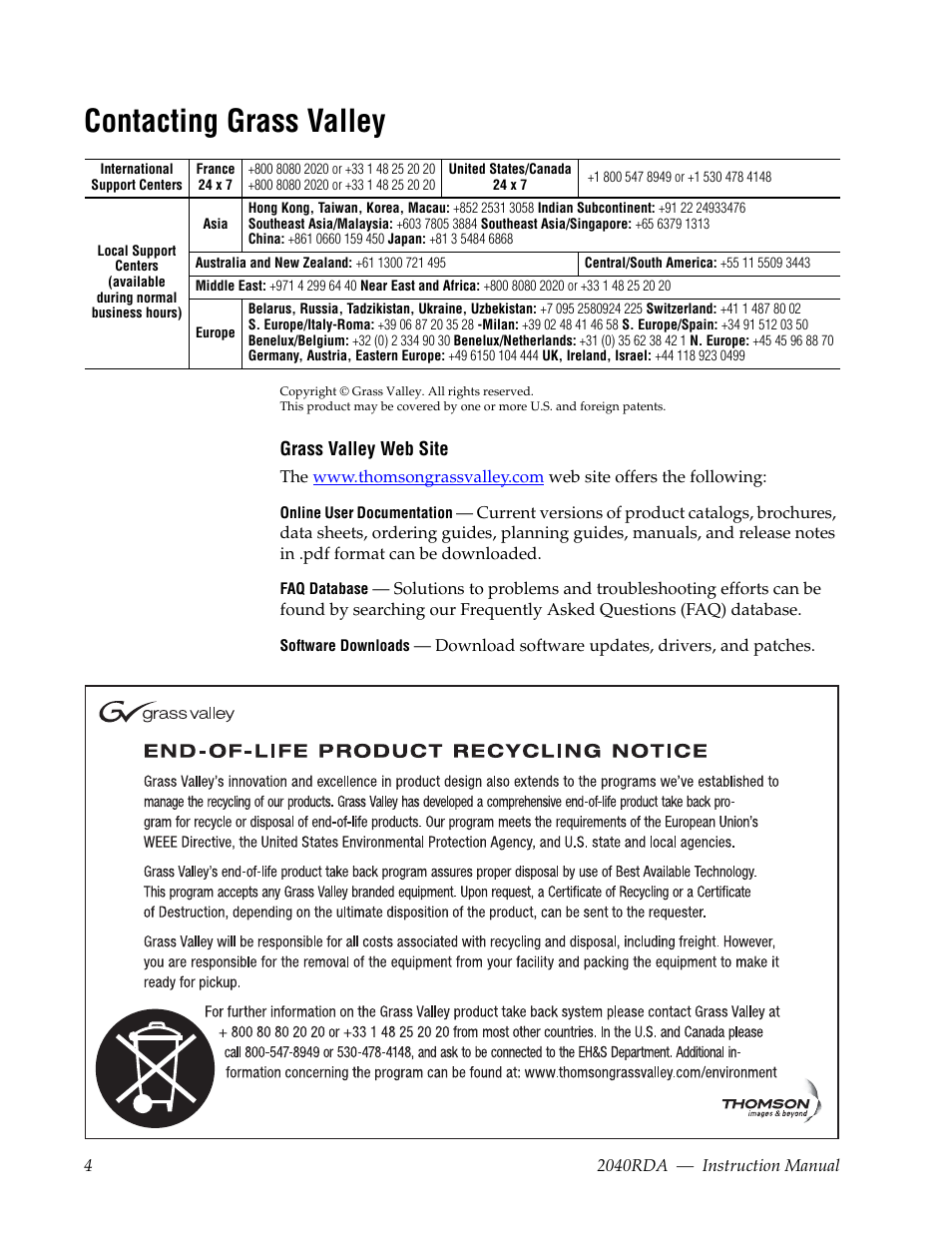 Contacting grass valley | Grass Valley 2040RDA User Manual | Page 4 / 24