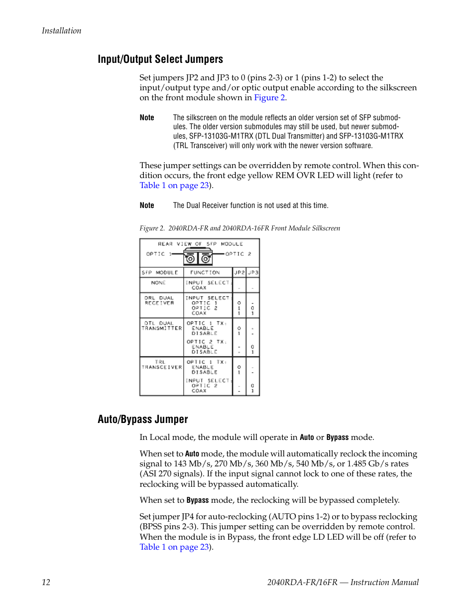 Input/output select jumpers, Auto/bypass jumper | Grass Valley 2040RDA-16FR User Manual | Page 12 / 52