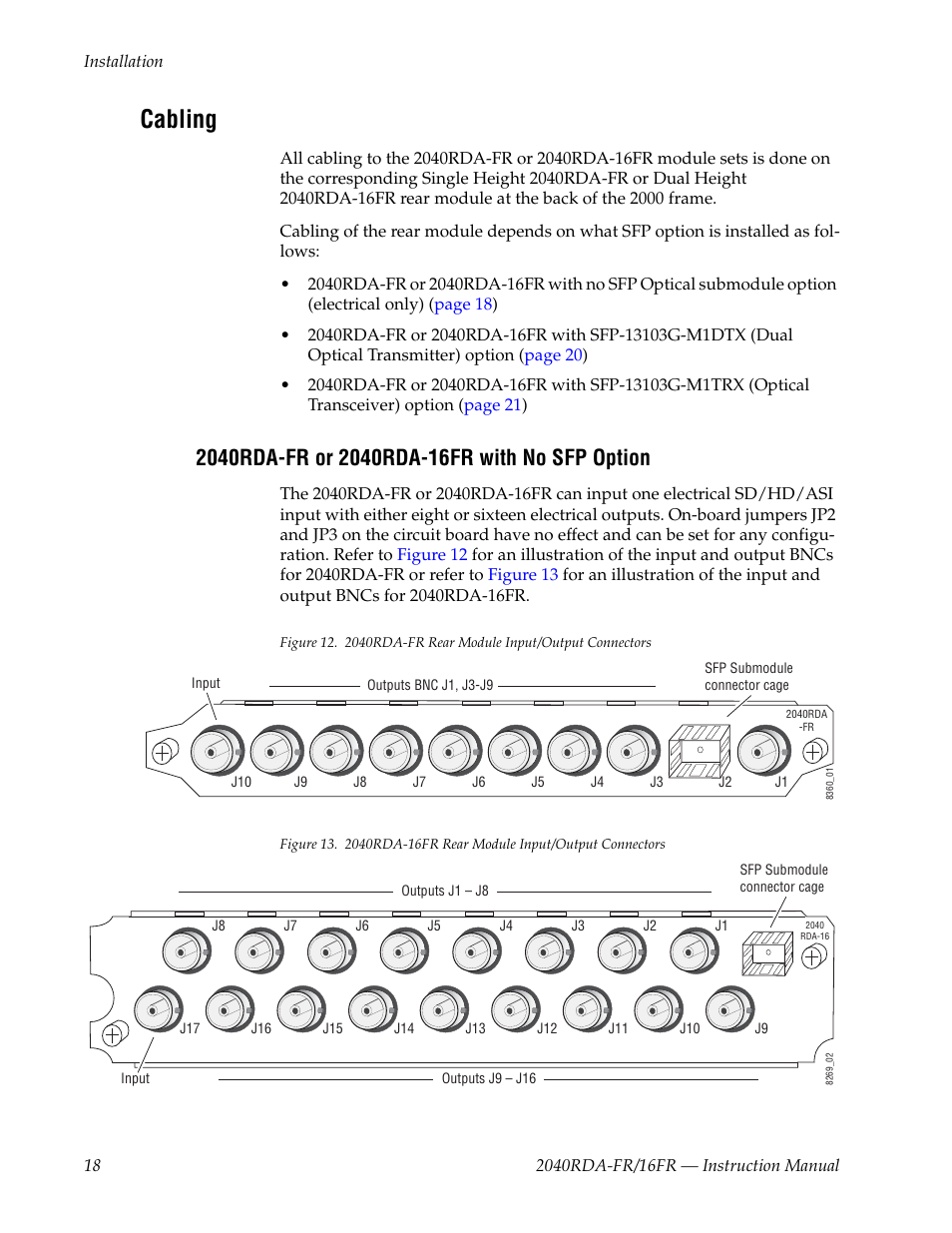 Cabling, 2040rda-fr or 2040rda-16fr with no sfp option | Grass Valley 2040RDA-16FR User Manual | Page 18 / 52