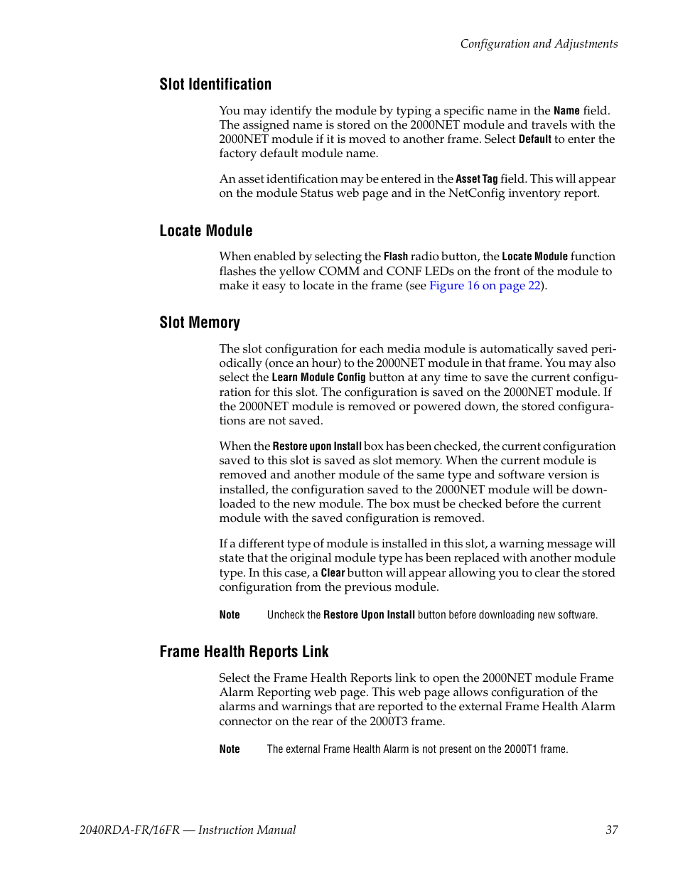 Slot identification, Locate module, Slot memory | Frame health reports link | Grass Valley 2040RDA-16FR User Manual | Page 37 / 52
