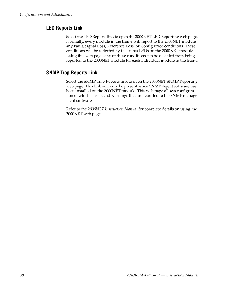 Led reports link, Snmp trap reports link | Grass Valley 2040RDA-16FR User Manual | Page 38 / 52