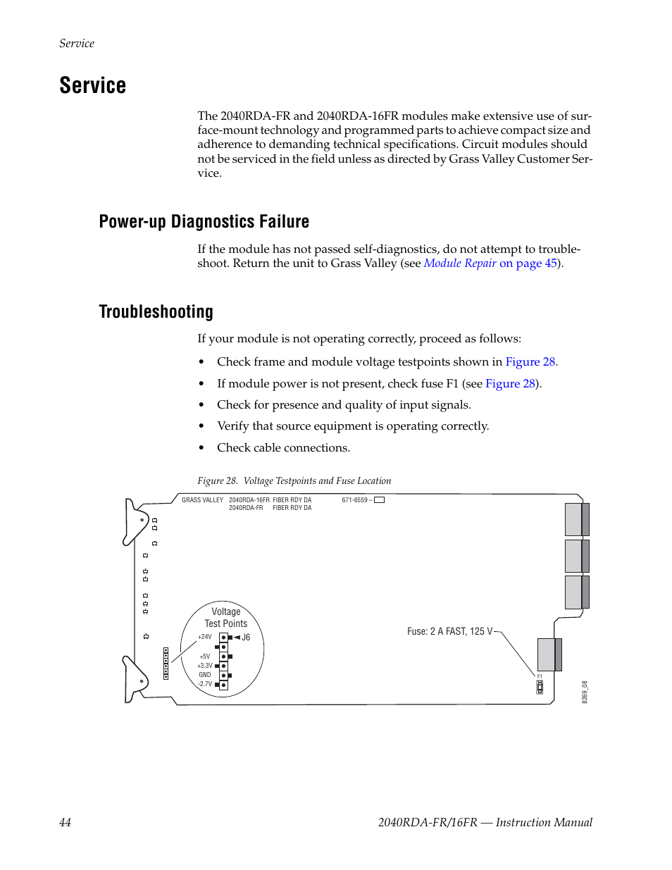 Service, Power-up diagnostics failure, Troubleshooting | Grass Valley 2040RDA-16FR User Manual | Page 44 / 52