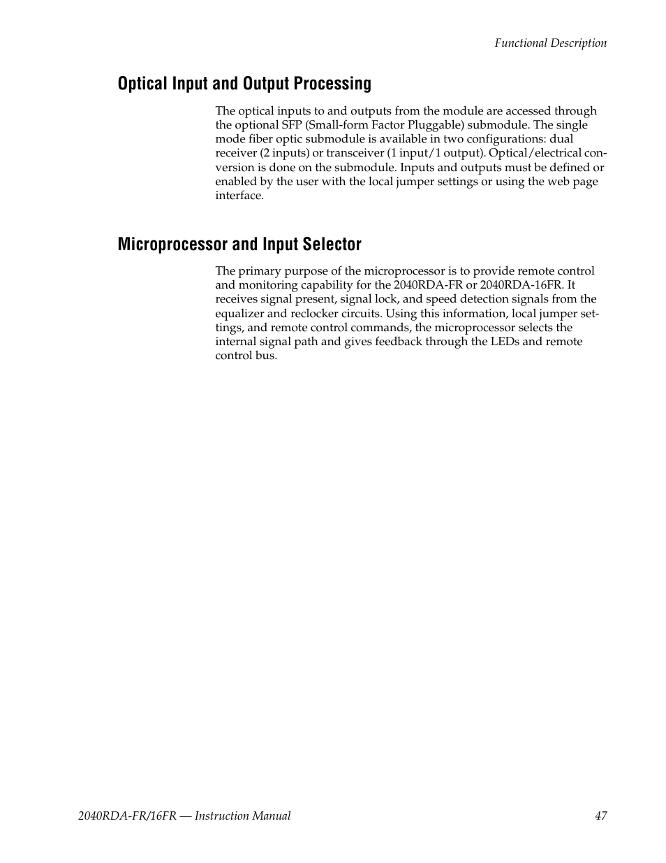 Optical input and output processing, Microprocessor and input selector | Grass Valley 2040RDA-16FR User Manual | Page 47 / 52