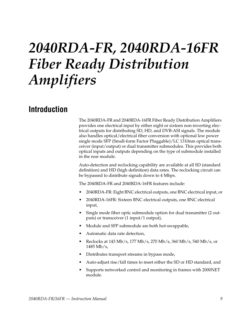 Introduction | Grass Valley 2040RDA-16FR User Manual | Page 9 / 52