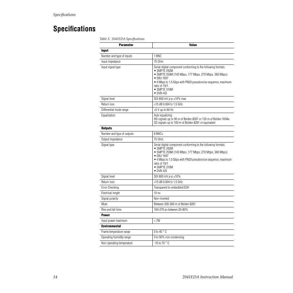 Specifications, Specifications in, Connect a video input to bnc j10 | Grass Valley 2041EDA User Manual | Page 14 / 20