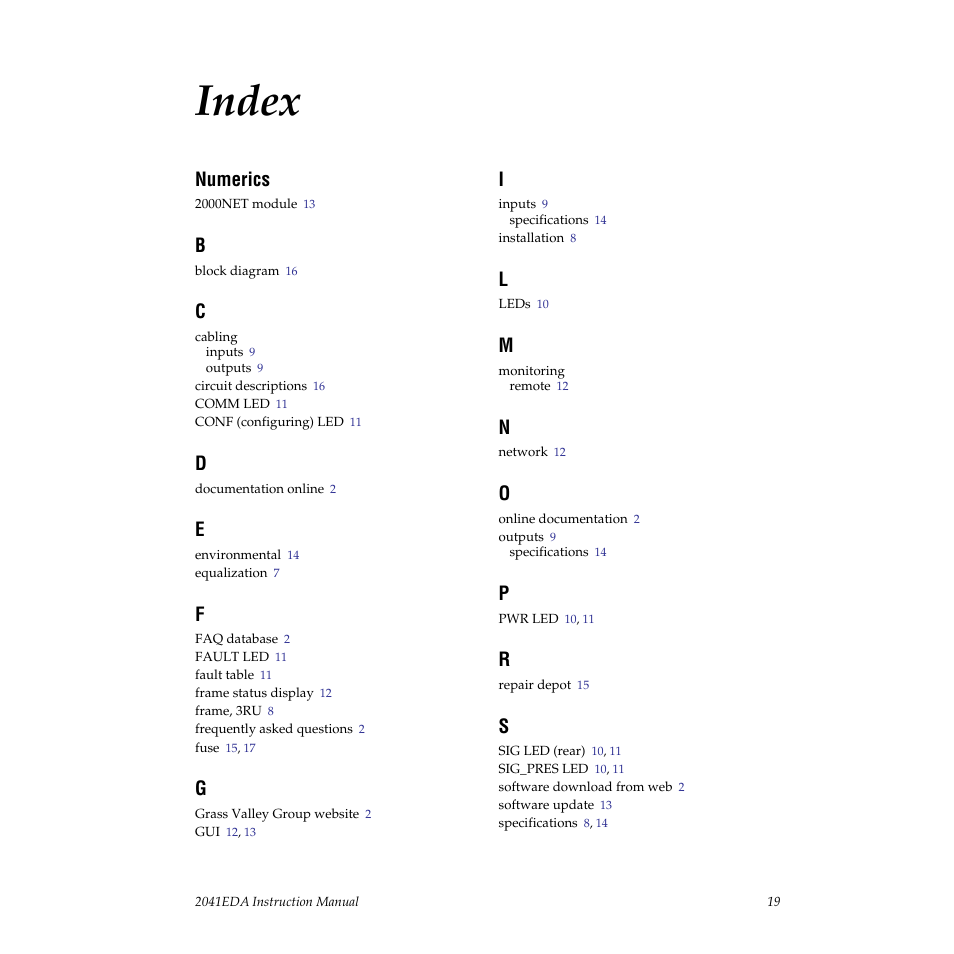 Index, Numerics | Grass Valley 2041EDA User Manual | Page 19 / 20