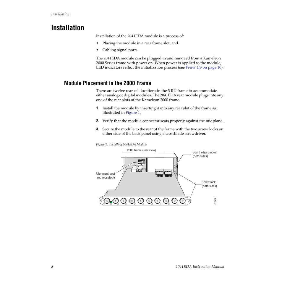 Installation, Module placement in the 2000 frame | Grass Valley 2041EDA User Manual | Page 8 / 20