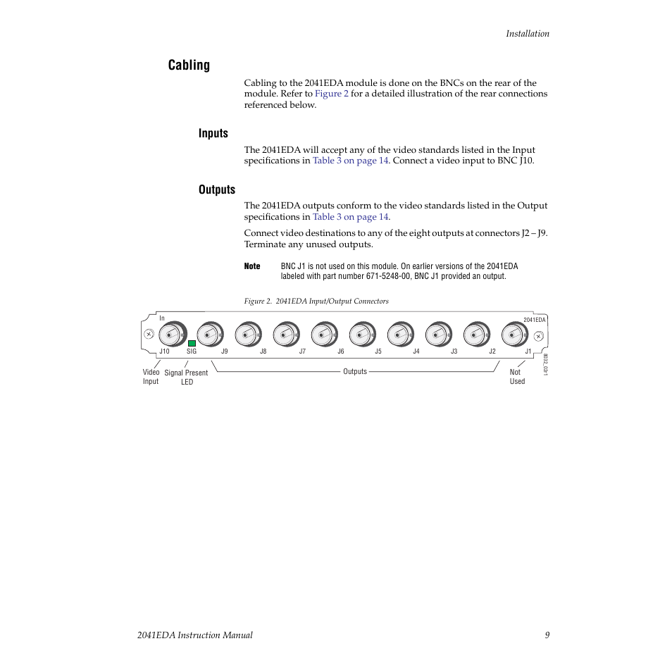 Cabling, Inputs, Outputs | Grass Valley 2041EDA User Manual | Page 9 / 20